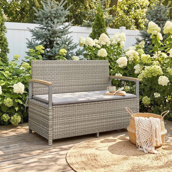 Banc coffre rangement extérieur 170L résine tressée acacia 2 places coussin gris clair - ComfortXL Outdoor Living - Image 4