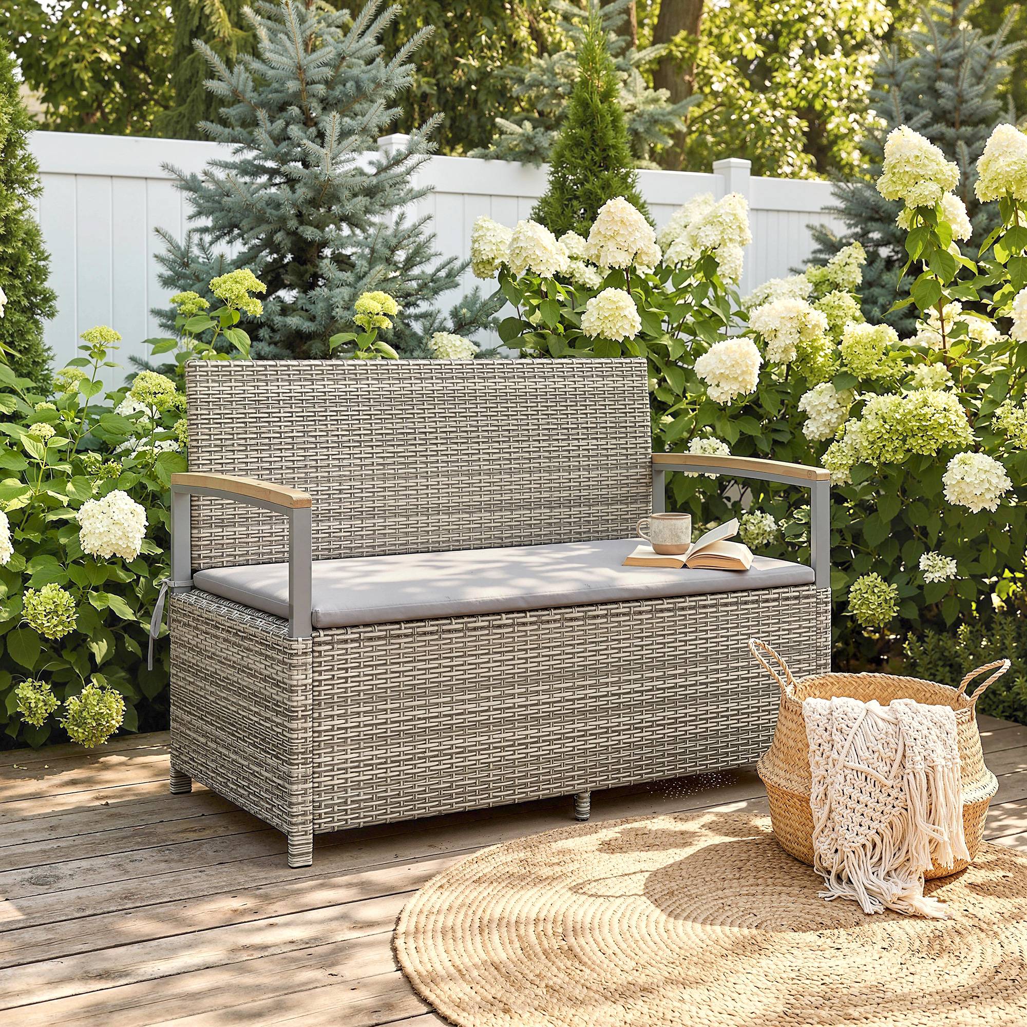 Banc coffre rangement extérieur 170L résine tressée acacia 2 places coussin gris clair - ComfortXL Outdoor Living - Image 4