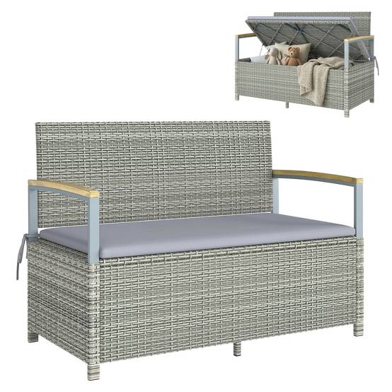 Banc coffre rangement extérieur 170L résine tressée acacia 2 places coussin gris clair - ComfortXL Outdoor Living - Image 1