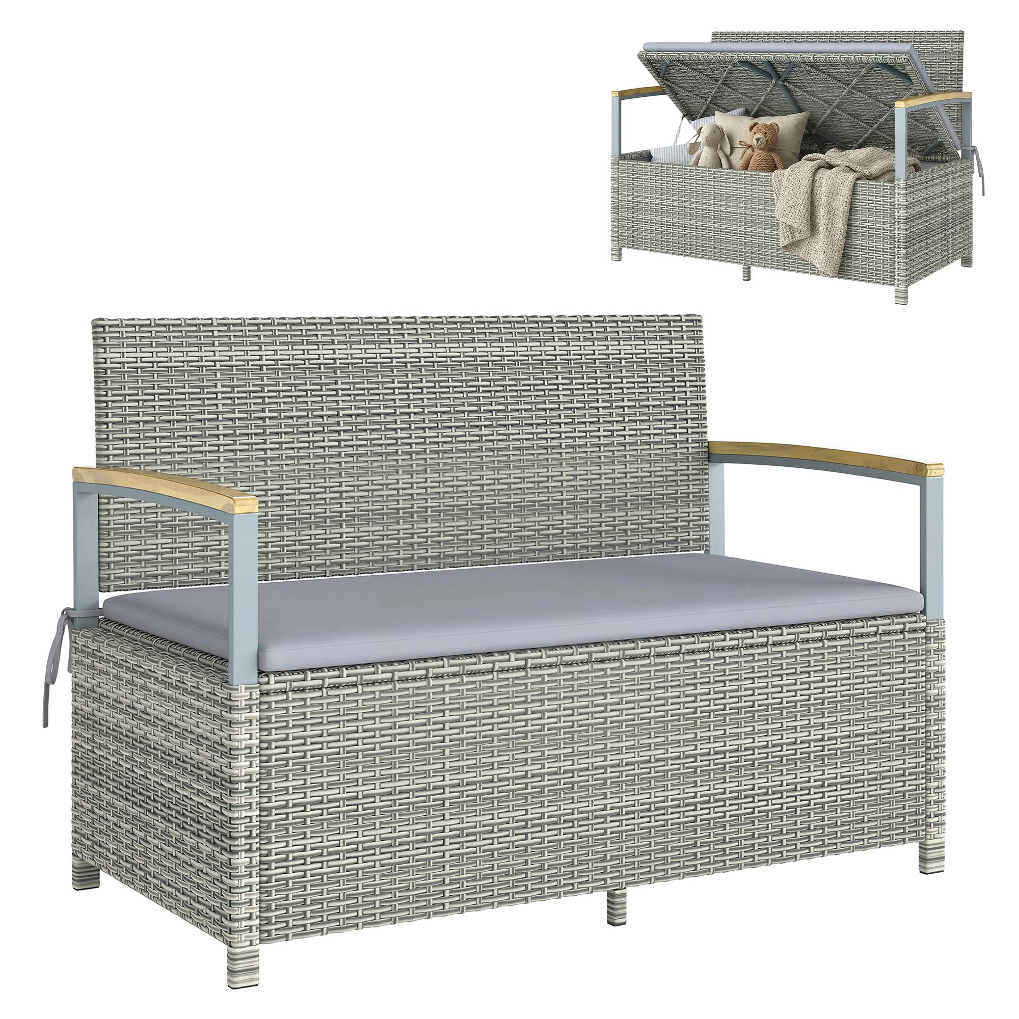 Banc coffre rangement extérieur 170L résine tressée acacia 2 places coussin gris clair - ComfortXL Outdoor Living - Image 1