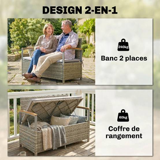 Banc coffre rangement extérieur 170L résine tressée acacia 2 places coussin gris clair - ComfortXL Outdoor Living - Image 6