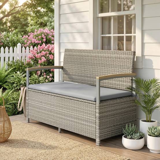 Banc coffre rangement extérieur 170L résine tressée acacia 2 places coussin gris clair - ComfortXL Outdoor Living - Image 3