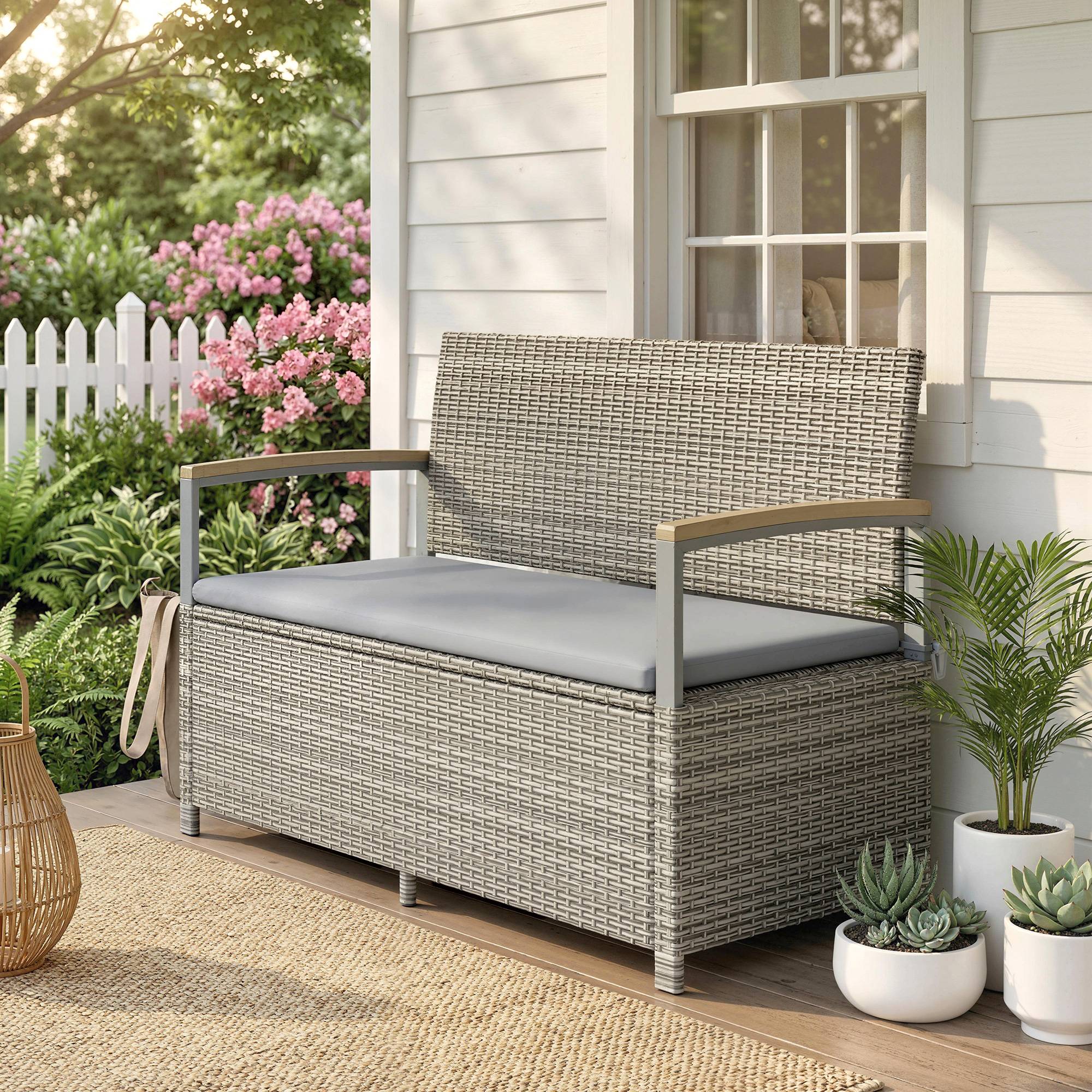 Banc coffre rangement extérieur 170L résine tressée acacia 2 places coussin gris clair - ComfortXL Outdoor Living - Image 3