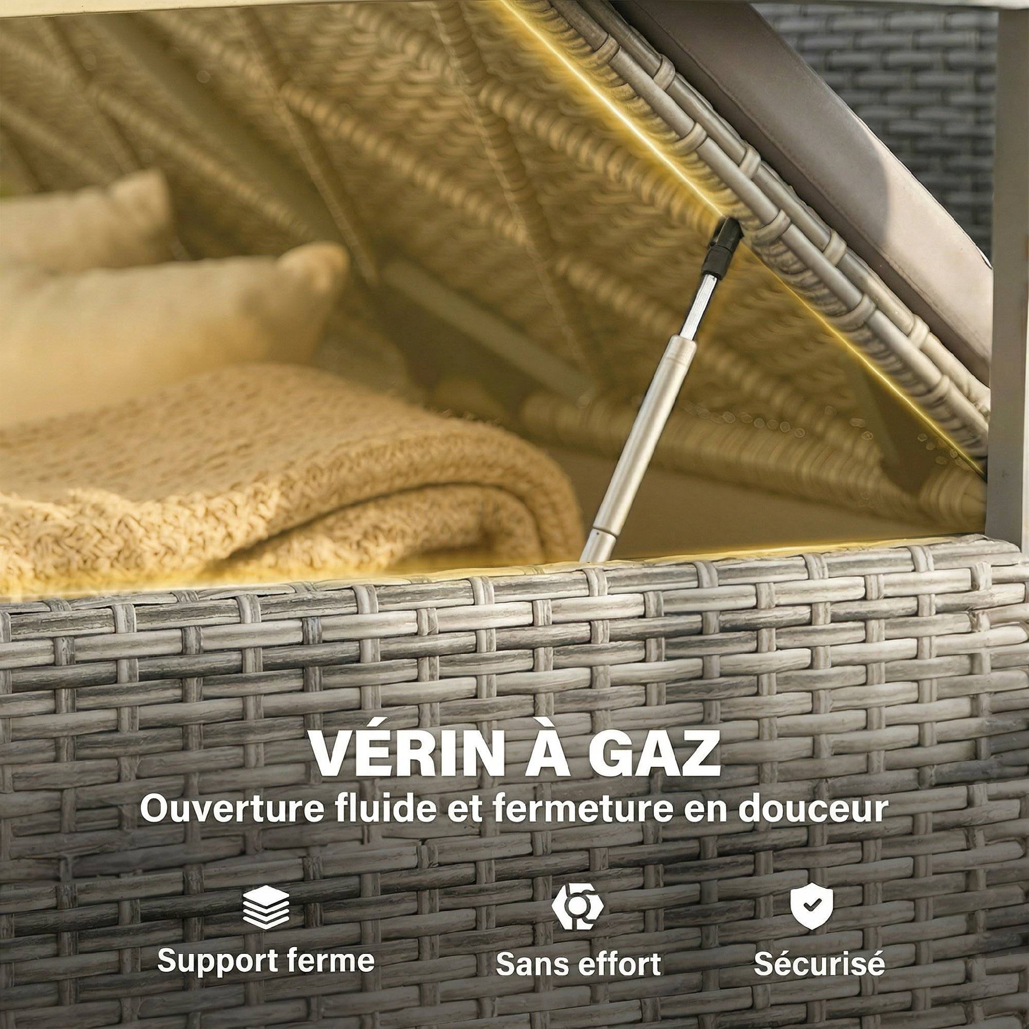Banc coffre rangement extérieur 170L résine tressée acacia 2 places coussin gris clair - ComfortXL Outdoor Living - Image 8