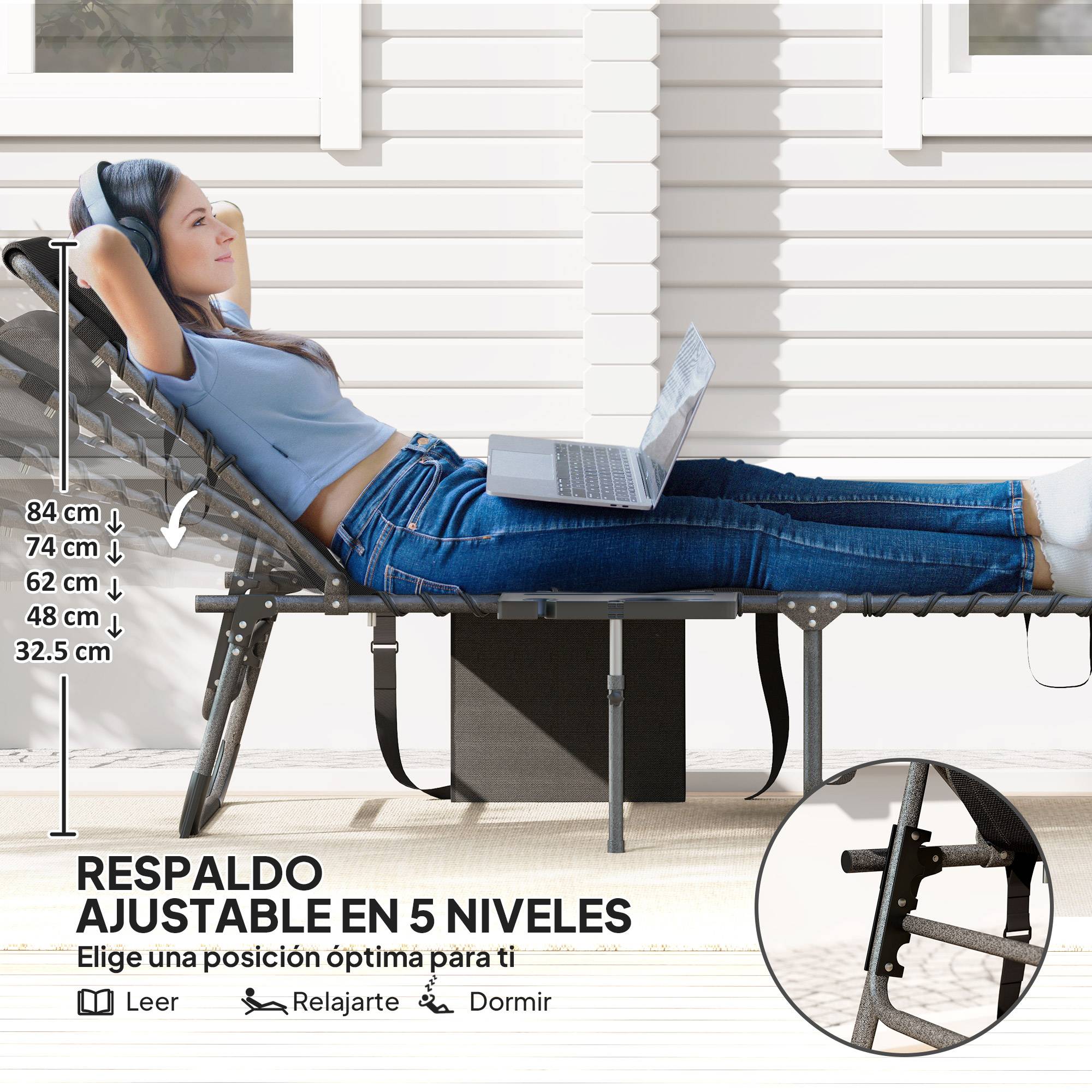 Transat pliant avec dossier réglable, appui-tête, poche latérale, tablette et structure en acier, 190 x 60 x 31 cm, noir - Image 6