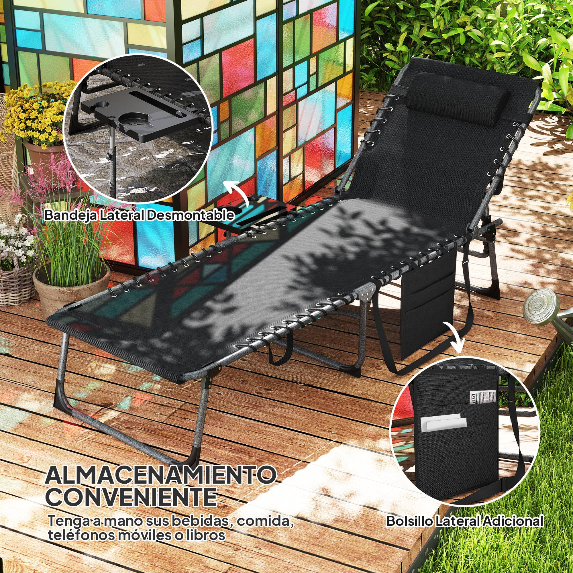 Transat pliant avec dossier réglable, appui-tête, poche latérale, tablette et structure en acier, 190 x 60 x 31 cm, noir - Image 8