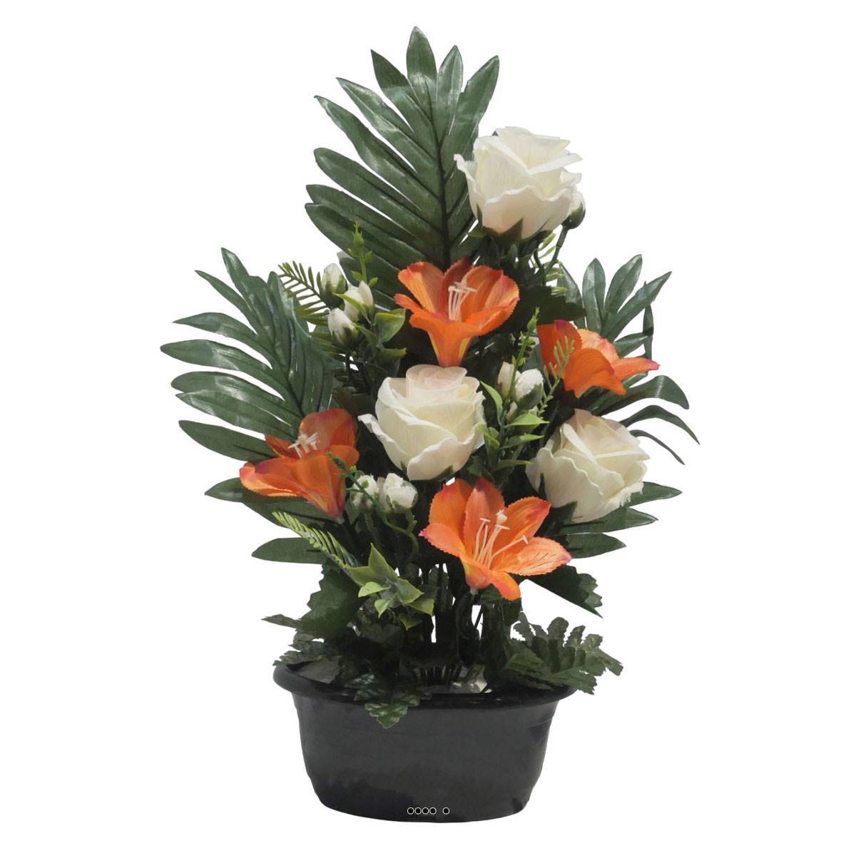 Artificielles - Jardinière fleurs artificielles Rose, Alstromeria et mini fleurs Orange pour la Toussaint - couleur: Orange - Imagen 1