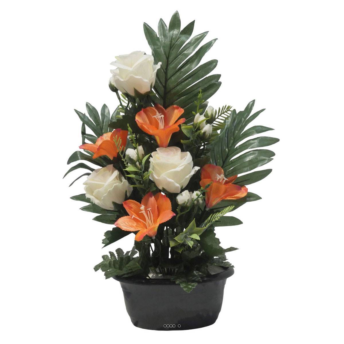 Artificielles - Jardinière fleurs artificielles Rose, Alstromeria et mini fleurs Orange pour la Toussaint - couleur: Orange - Imagen 2