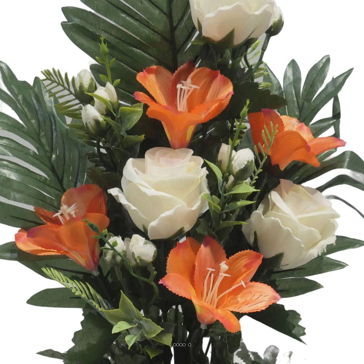Artificielles - Jardinière fleurs artificielles Rose, Alstromeria et mini fleurs Orange pour la Toussaint - couleur: Orange - Imagen 3