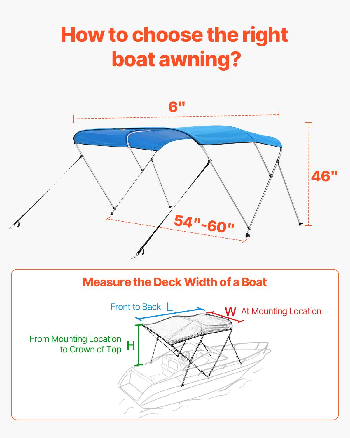 VEVOR Bimini bateau 3 arceaux, 182x117x137-152 cm, alu, polyester 600D, bleu. - Image 5