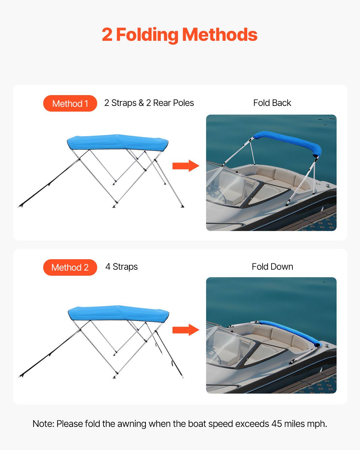 VEVOR Bimini bateau 3 arceaux, 182x117x137-152 cm, alu, polyester 600D, bleu. - Image 4