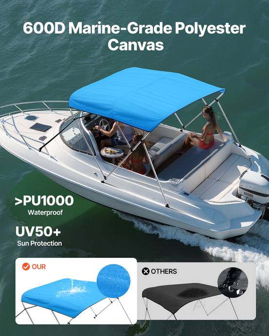 VEVOR Bimini bateau 3 arceaux, 182x117x137-152 cm, alu, polyester 600D, bleu. - Image 2
