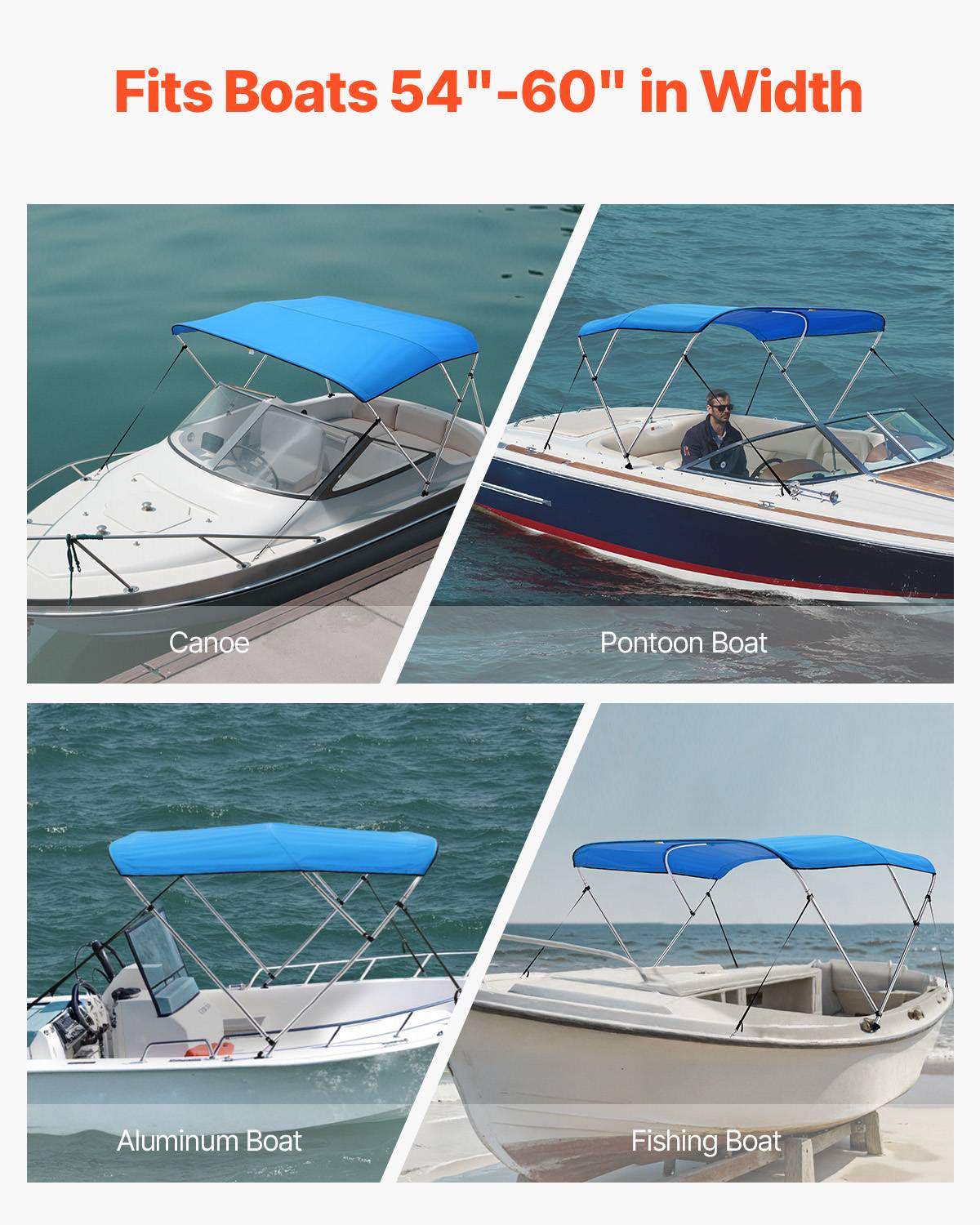 VEVOR Bimini bateau 3 arceaux, 182x117x137-152 cm, alu, polyester 600D, bleu. - Image 6