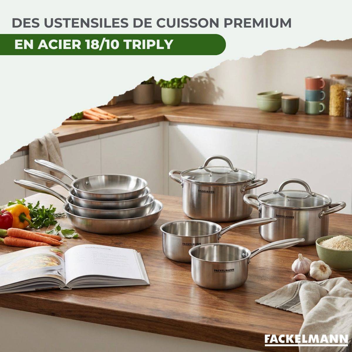 Batterie de cuisine avec 3 poêles 20/24/26 cm 2 casseroles 14/18 cm et 2 faitouts 20/24 cm sans PFAS Fackelmann Vita3 - Image 4