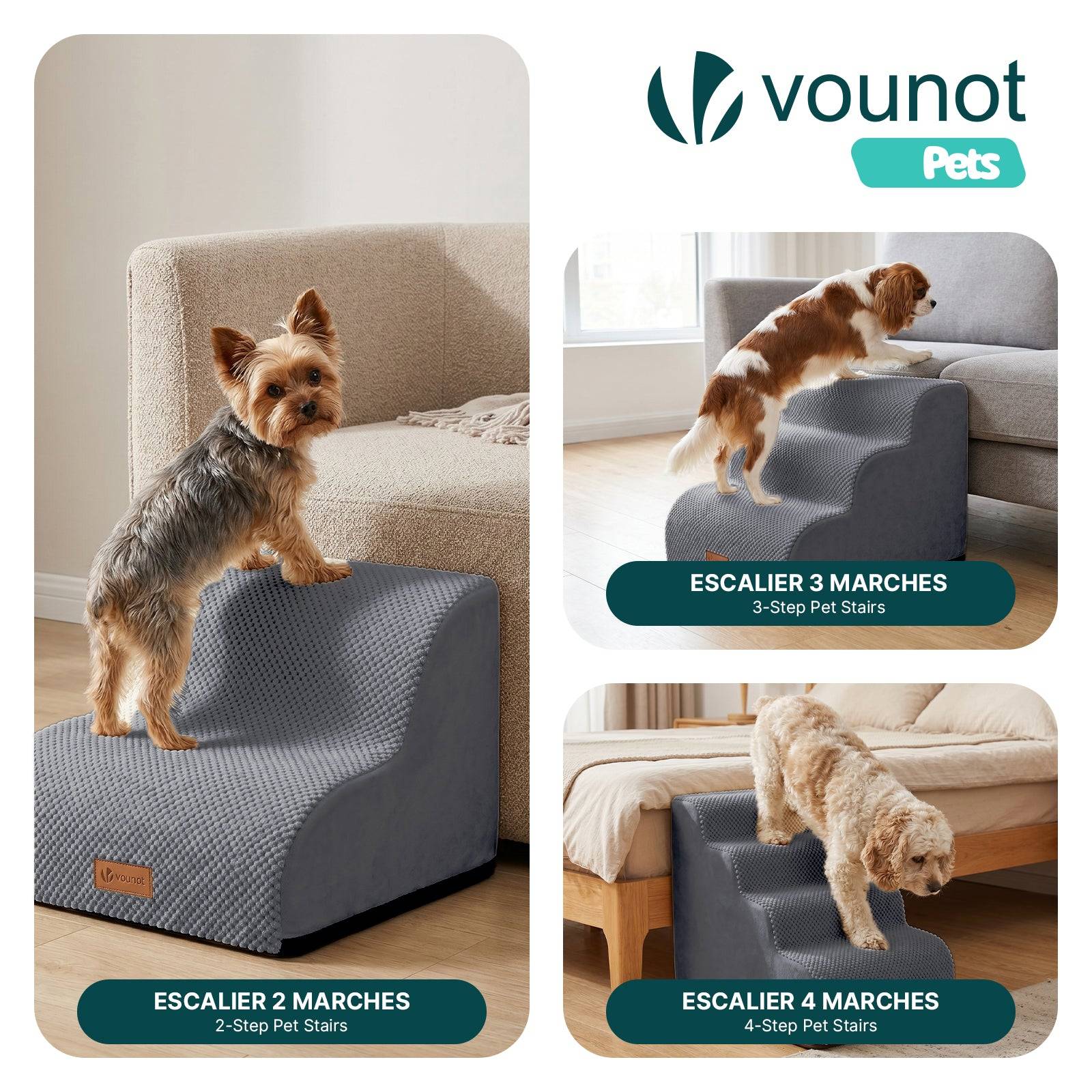 Vounot - Escalier pour chien et chat en mousse haute densite et housse lavable 40x40x30cm gris - Image 7