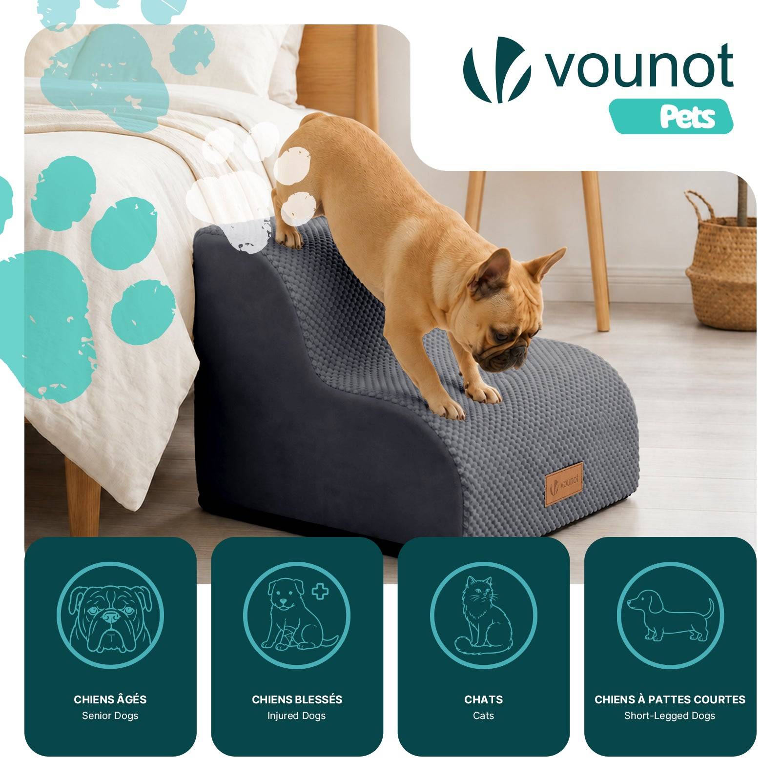 Vounot - Escalier pour chien et chat en mousse haute densite et housse lavable 40x40x30cm gris - Image 2