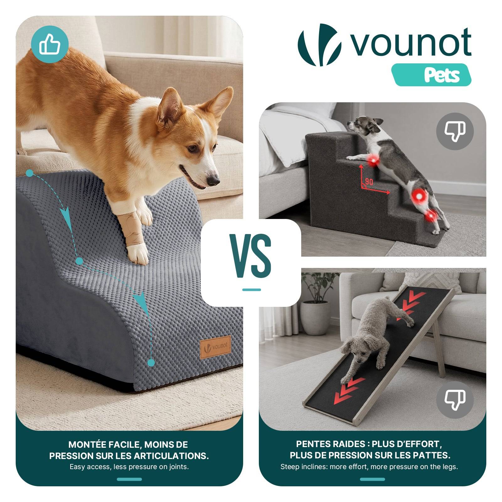 Vounot - Escalier pour chien et chat en mousse haute densite et housse lavable 40x40x30cm gris - Image 6