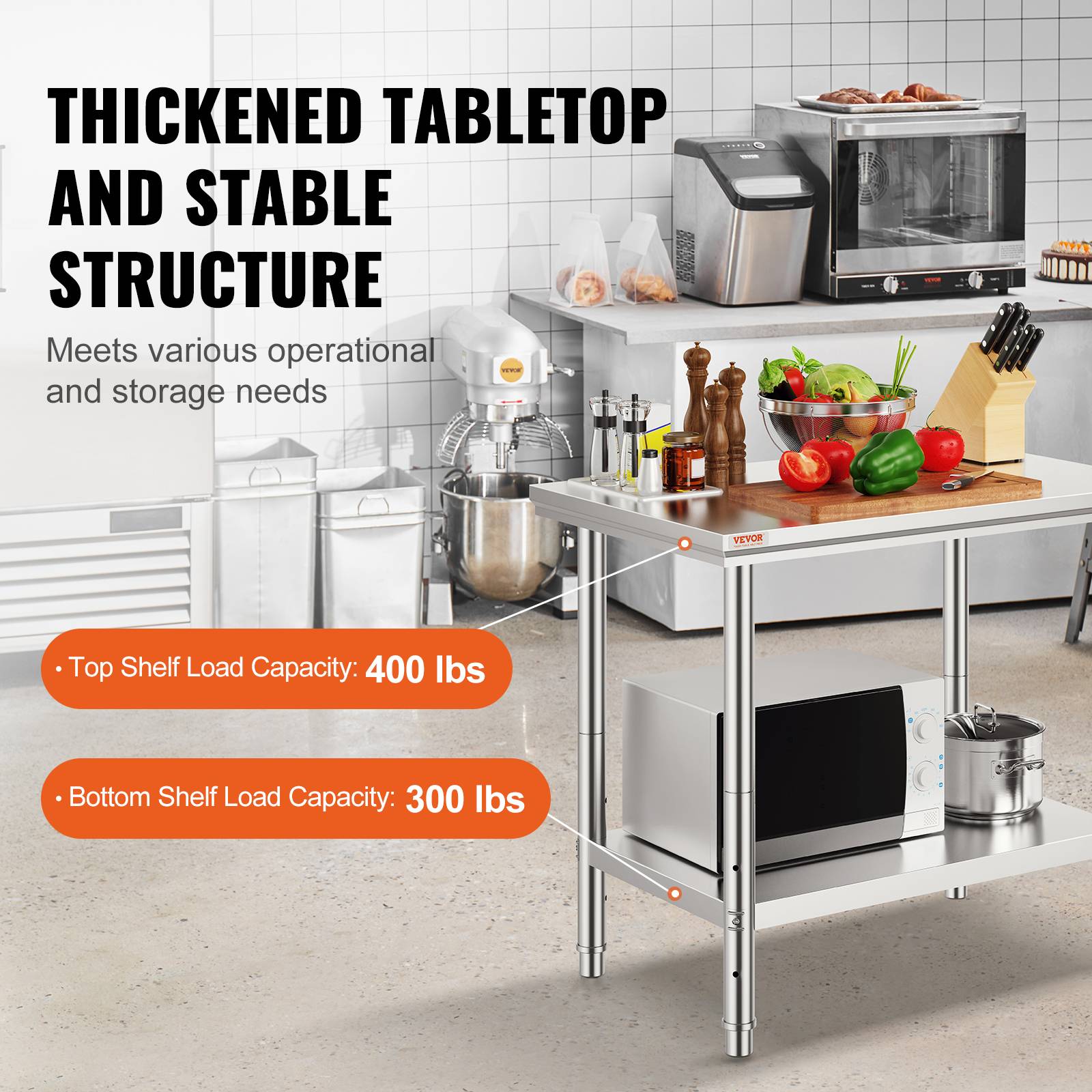 VEVOR Table inox 2 niveaux 60x90x80cm. Charge 130kg. Plan de travail cuisine, préparation alimentaire. - Image 3