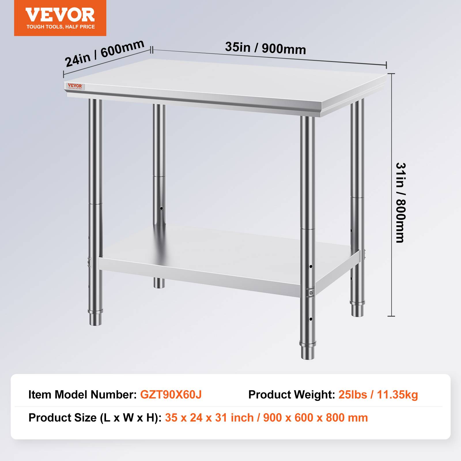 VEVOR Table inox 2 niveaux 60x90x80cm. Charge 130kg. Plan de travail cuisine, préparation alimentaire. - Image 7