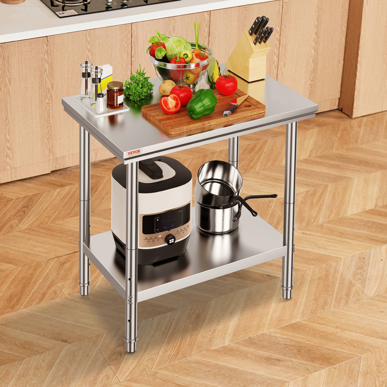 VEVOR Table inox 2 niveaux 60x90x80cm. Charge 130kg. Plan de travail cuisine, préparation alimentaire. - Image 8