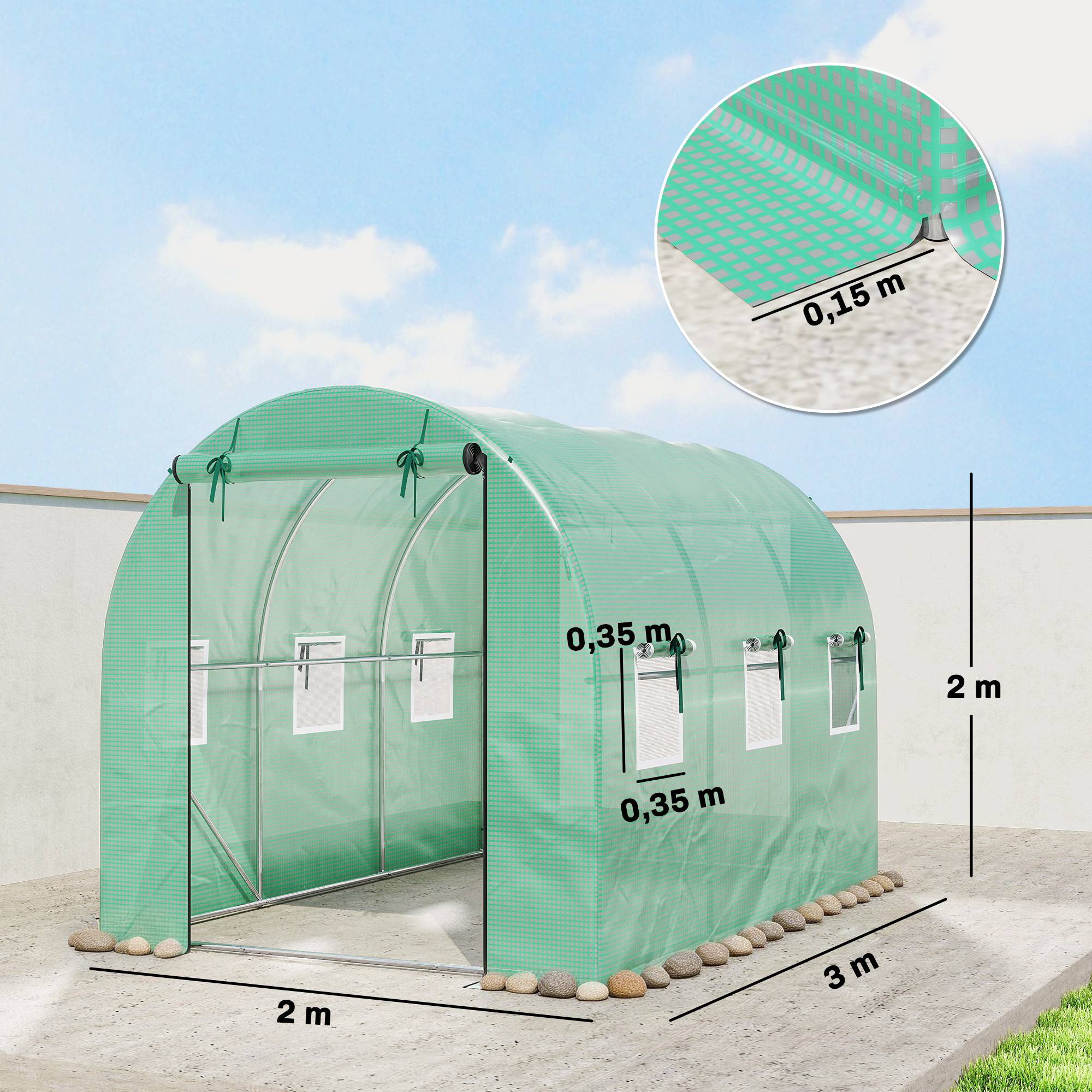 Serre 3 x 2 x 2 m, porte enroulable, 2 portes zip, 6 fenêtres moustiquaire, poteaux, Vert - Image 5
