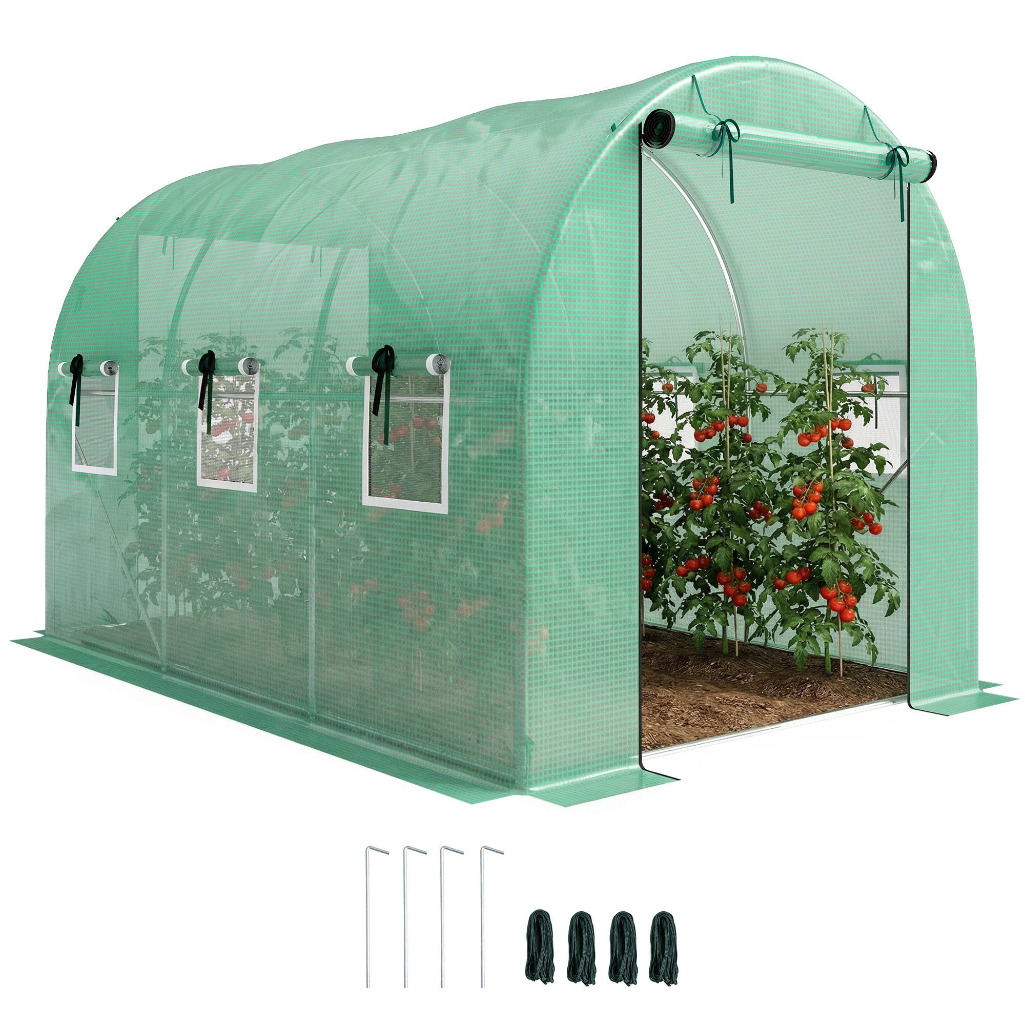Serre 3 x 2 x 2 m, porte enroulable, 2 portes zip, 6 fenêtres moustiquaire, poteaux, Vert - Image 1