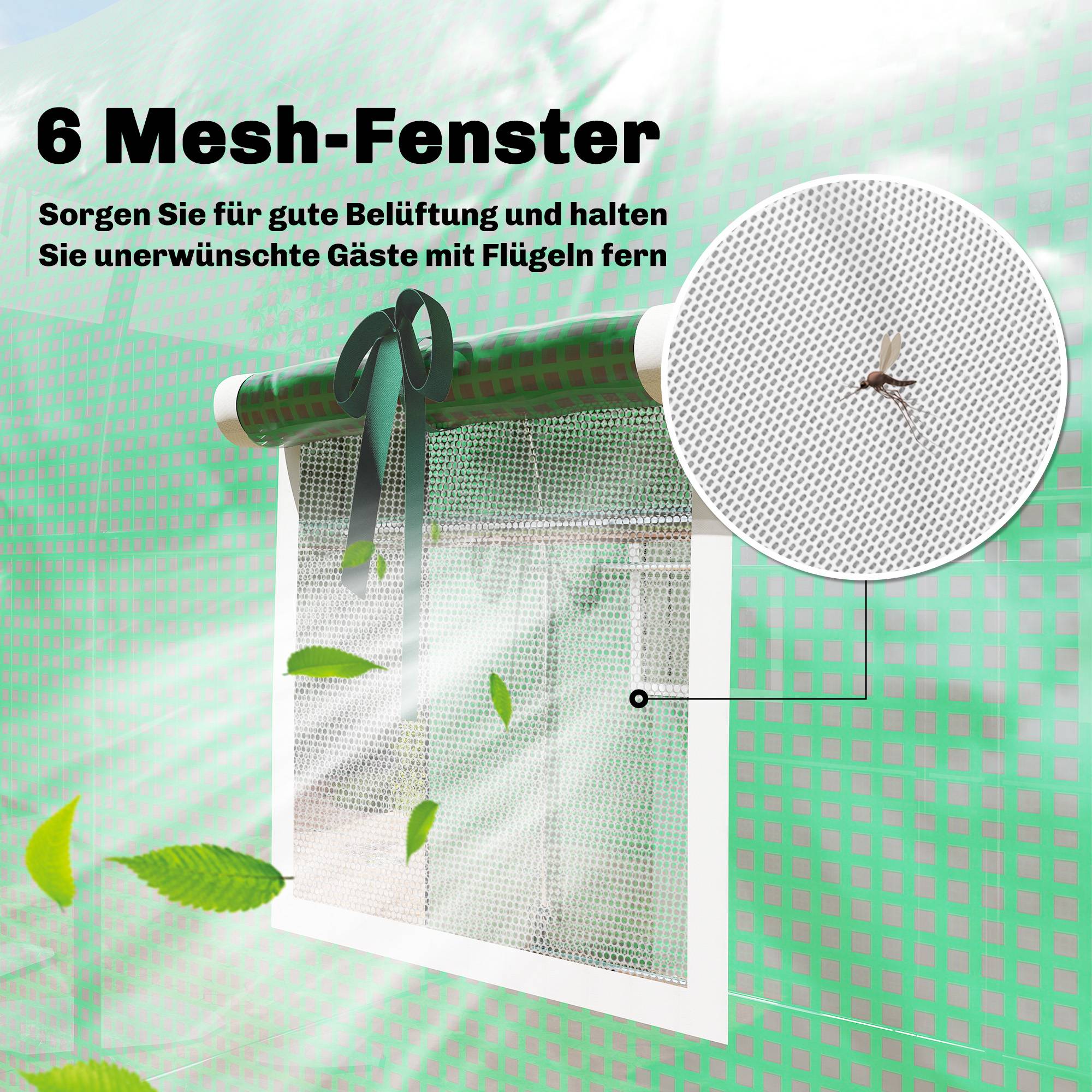 Serre 3 x 2 x 2 m, porte enroulable, 2 portes zip, 6 fenêtres moustiquaire, poteaux, Vert - Image 9