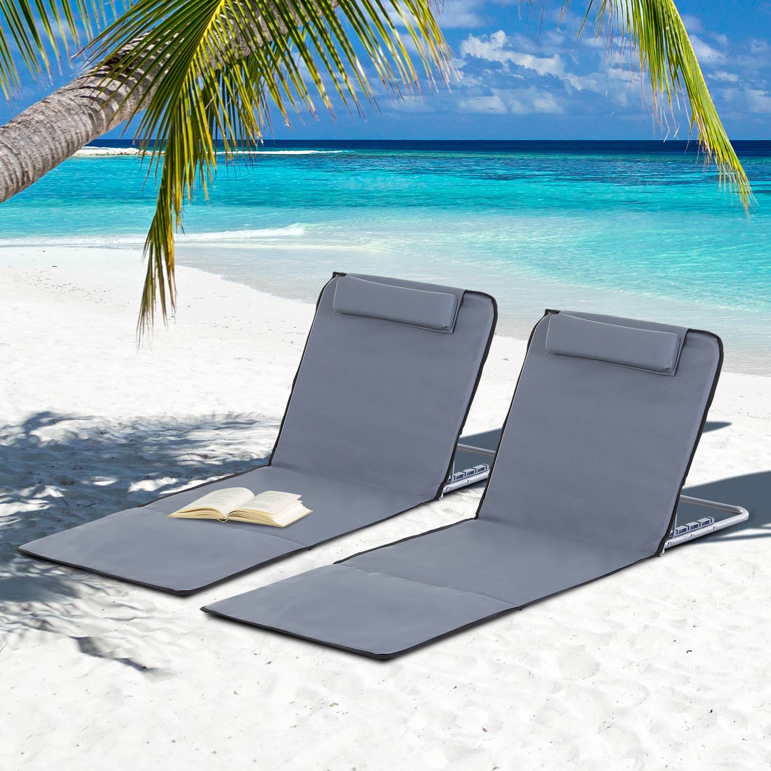Outsunny - Lot de 2 tapis de plage rembourré - nattes de plage - dossier inclinable multi-positions - sac transport inclus - métal polyester PE gris - Outsunny - Imagen 2