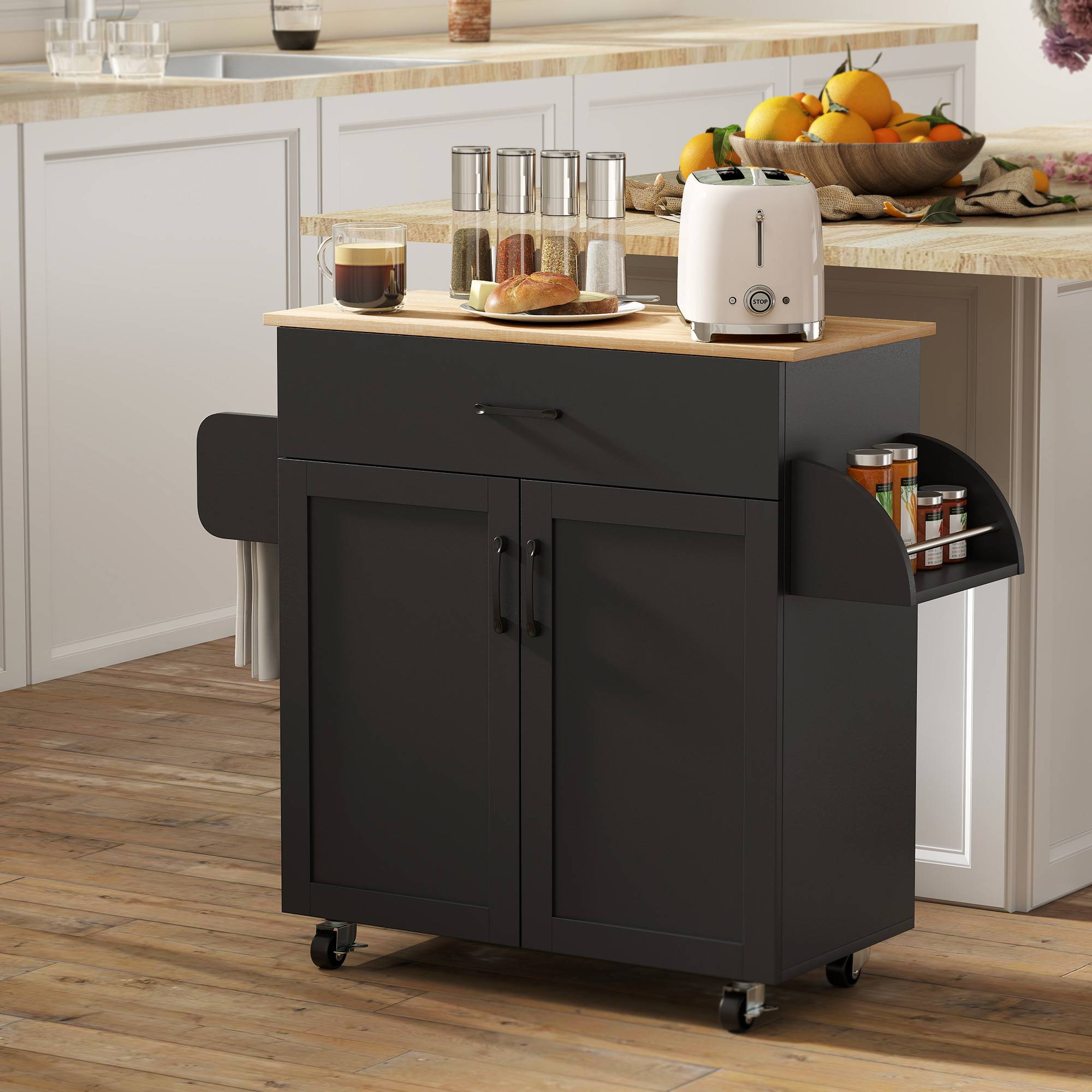 Sans Marque - Dessert îlot cuisine multi-rangements tiroirs placard 2 portes étagère réglable 105x36x85 cm noir - Image 4