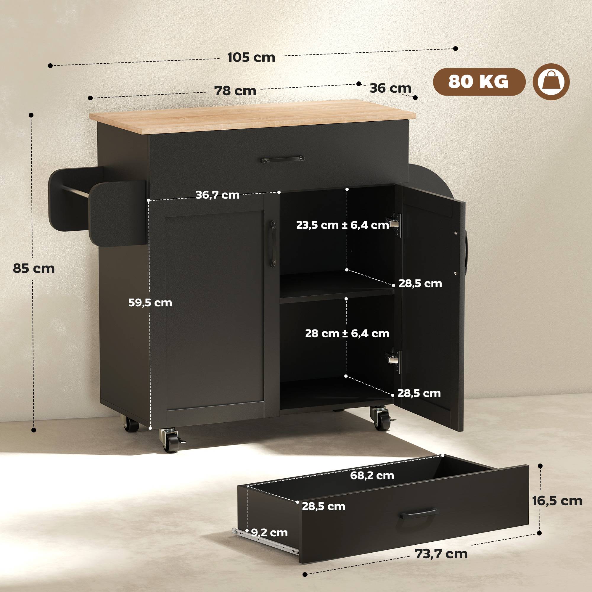 Sans Marque - Dessert îlot cuisine multi-rangements tiroirs placard 2 portes étagère réglable 105x36x85 cm noir - Image 5