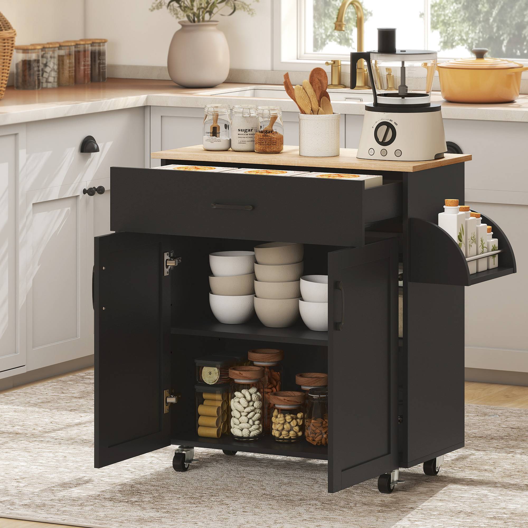 Sans Marque - Dessert îlot cuisine multi-rangements tiroirs placard 2 portes étagère réglable 105x36x85 cm noir - Image 3