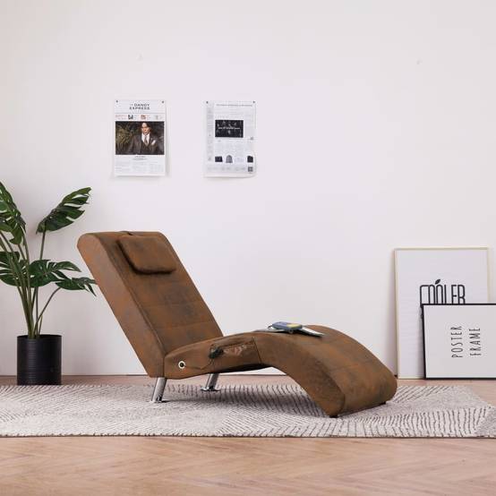 Chaise longue | Transat | Bain de soleil de massage avec oreiller Marron Similicuir daim - Image 2