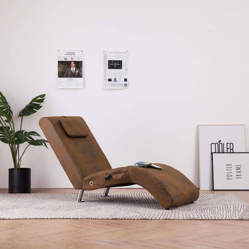 Chaise longue | Transat | Bain de soleil de massage avec oreiller Marron Similicuir daim - Image 2