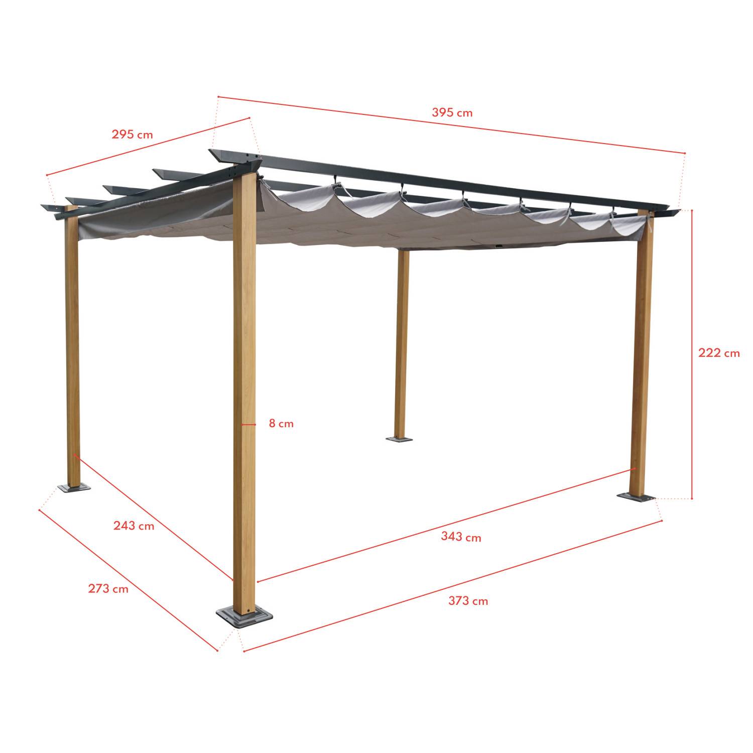 Autre - Tonnelle/Pergola en aluminium 3x4m toile coulissante rétractable - bois et gris - HAWAI - Imagen 7