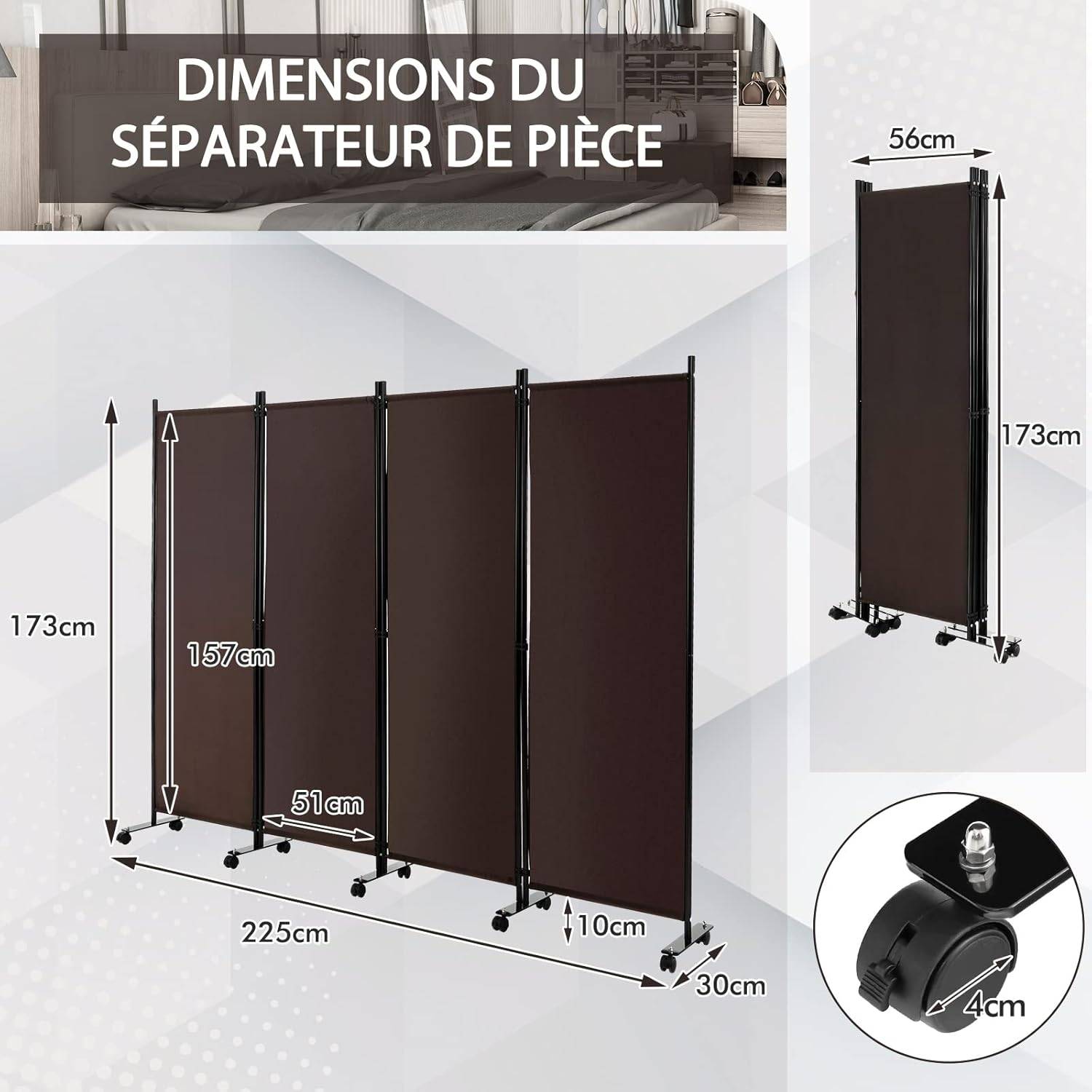 Paravent Intérieur à Roulette 4 Panneaux Pliable,Cloison de Séparation Pièce Pied Protéger Privée - Image 3