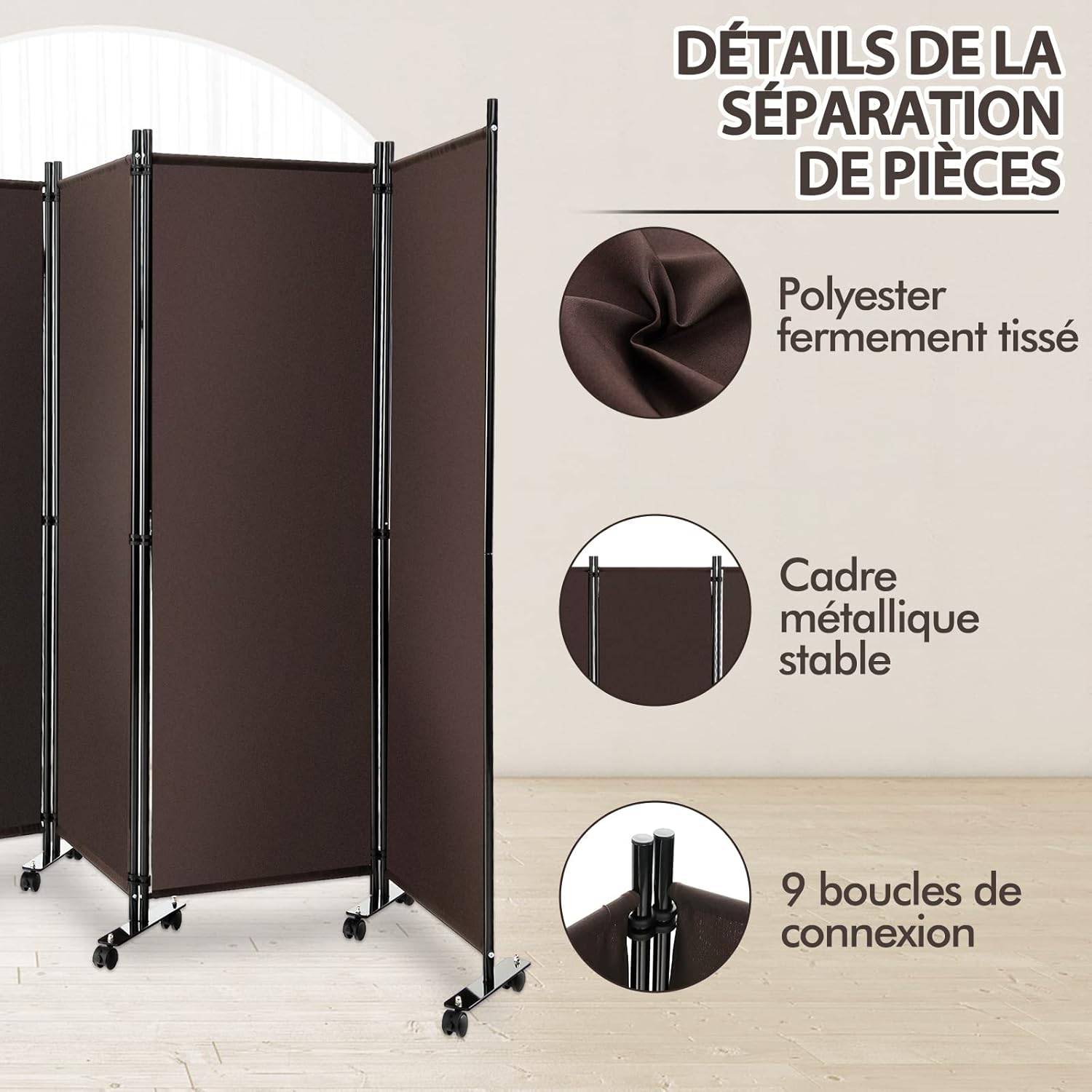 Paravent Intérieur à Roulette 4 Panneaux Pliable,Cloison de Séparation Pièce Pied Protéger Privée - Image 6