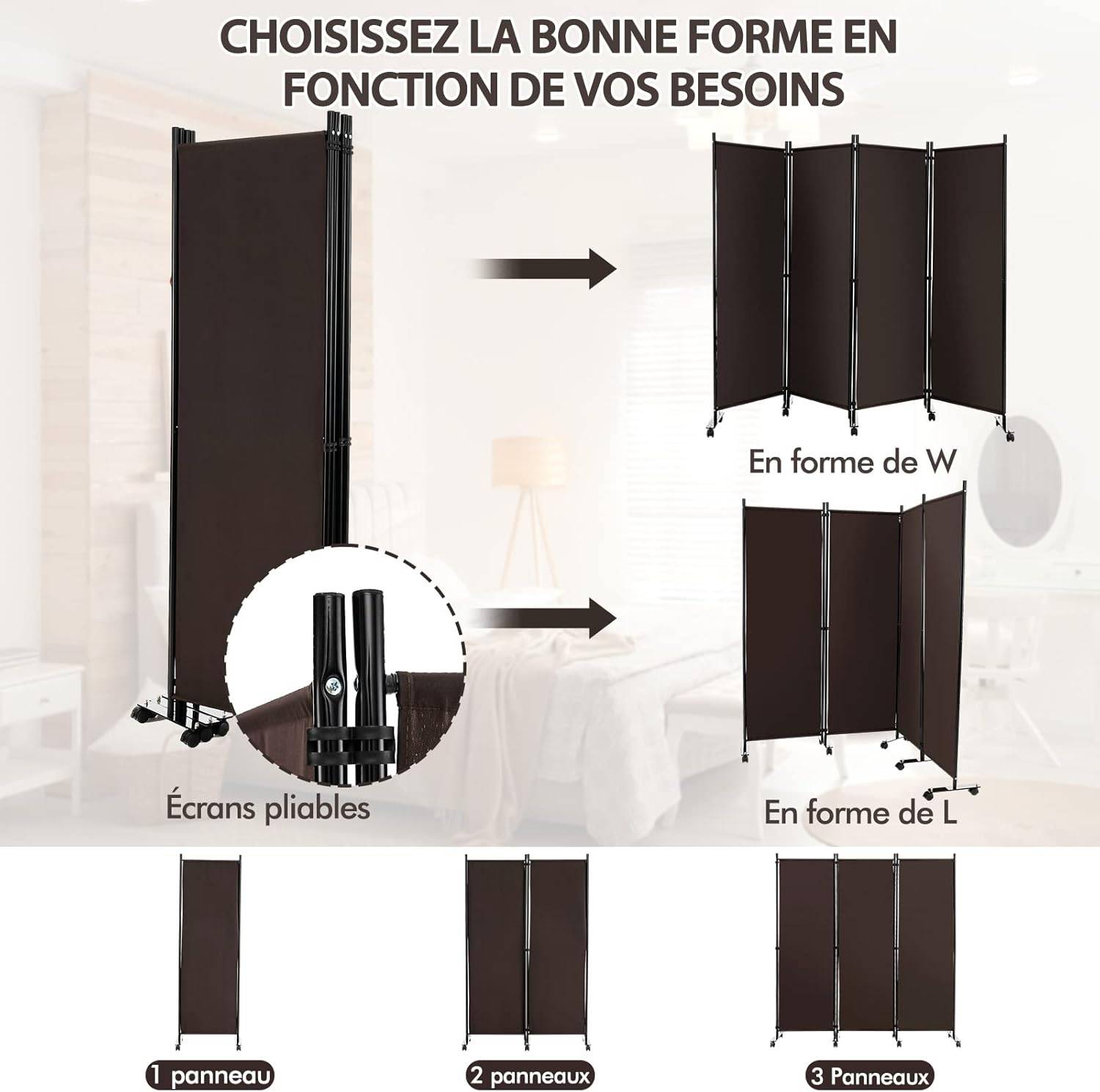 Paravent Intérieur à Roulette 4 Panneaux Pliable,Cloison de Séparation Pièce Pied Protéger Privée - Image 5