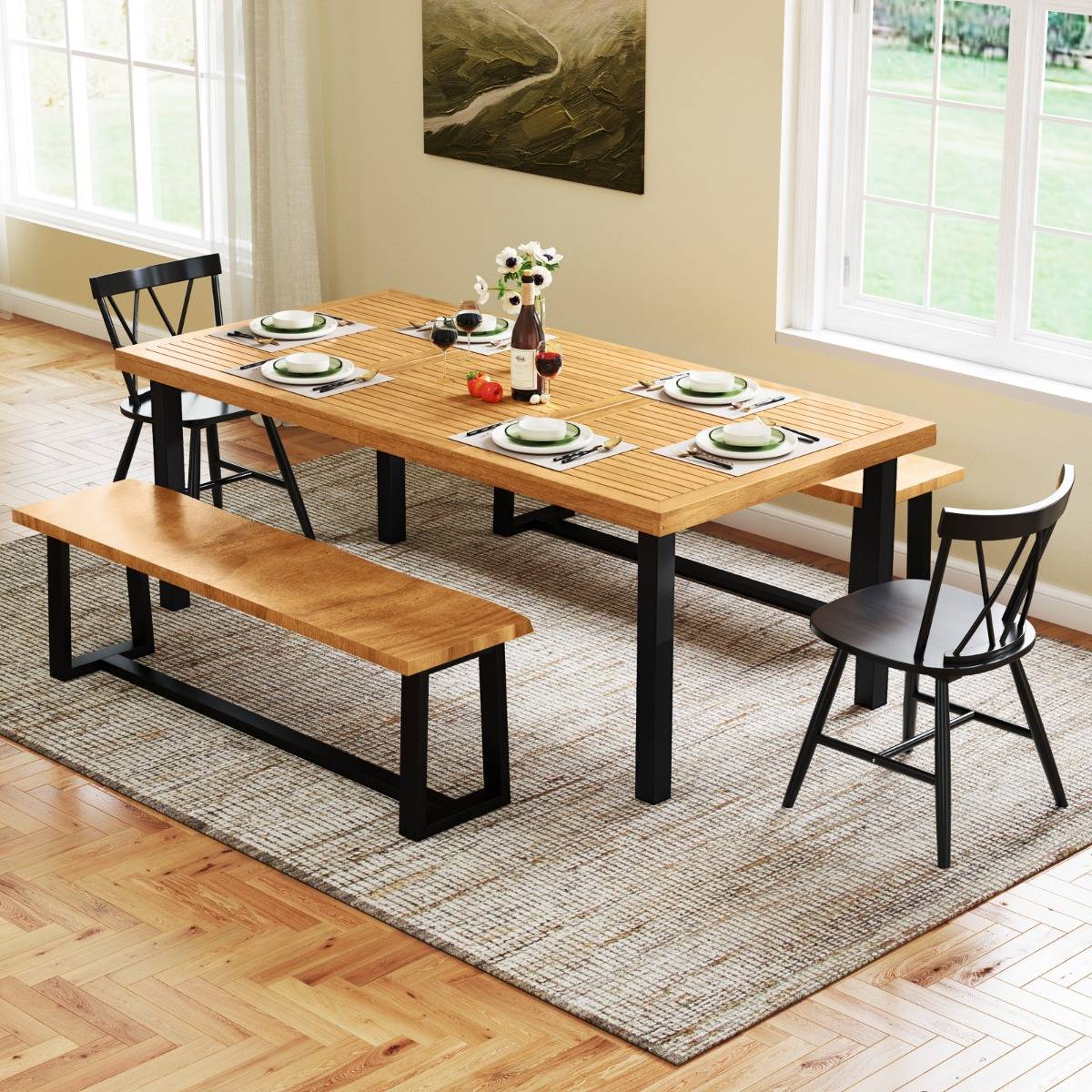 Maison Chic - Table de Jardin 200 CM pour 8 Personnes Table Exterieur en Bois d’Acacia avec Trou de Parasol Dia.5 CM Design Latte Pieds en Métal - Image 2