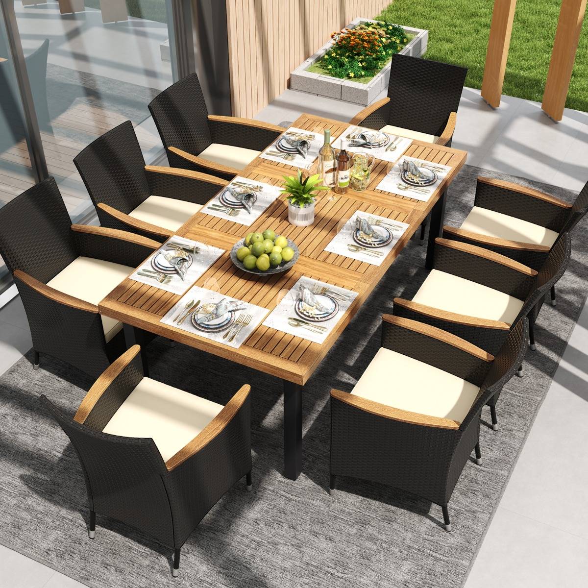Maison Chic - Table de Jardin 200 CM pour 8 Personnes Table Exterieur en Bois d’Acacia avec Trou de Parasol Dia.5 CM Design Latte Pieds en Métal - Image 3