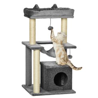 Arbre à chat PawHut 90 cm : hamac, grotte, 2 balles, poteaux sisal, pour chats jusqu'à 4 kg, gris