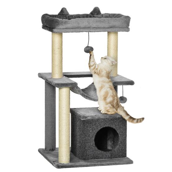 Arbre à chat PawHut 90 cm : hamac, grotte, 2 balles, poteaux sisal, pour chats jusqu'à 4 kg, gris - Image 1