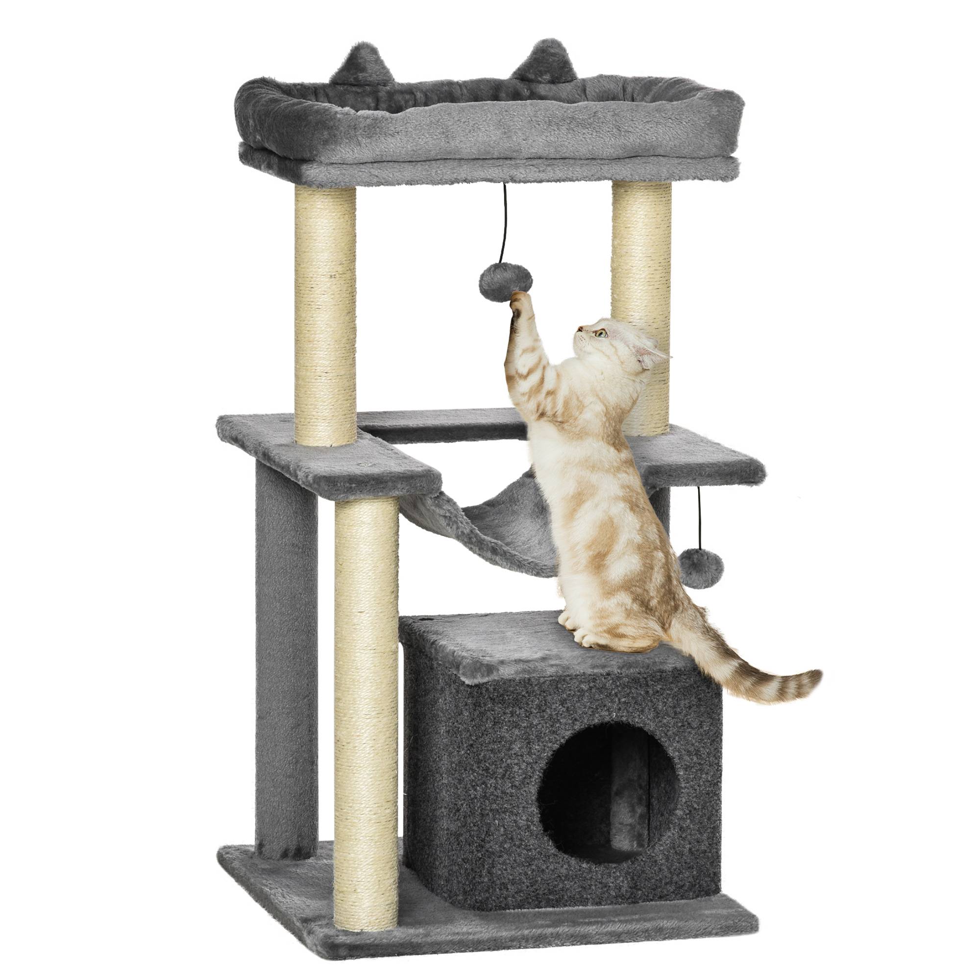Arbre à chat PawHut 90 cm : hamac, grotte, 2 balles, poteaux sisal, pour chats jusqu'à 4 kg, gris