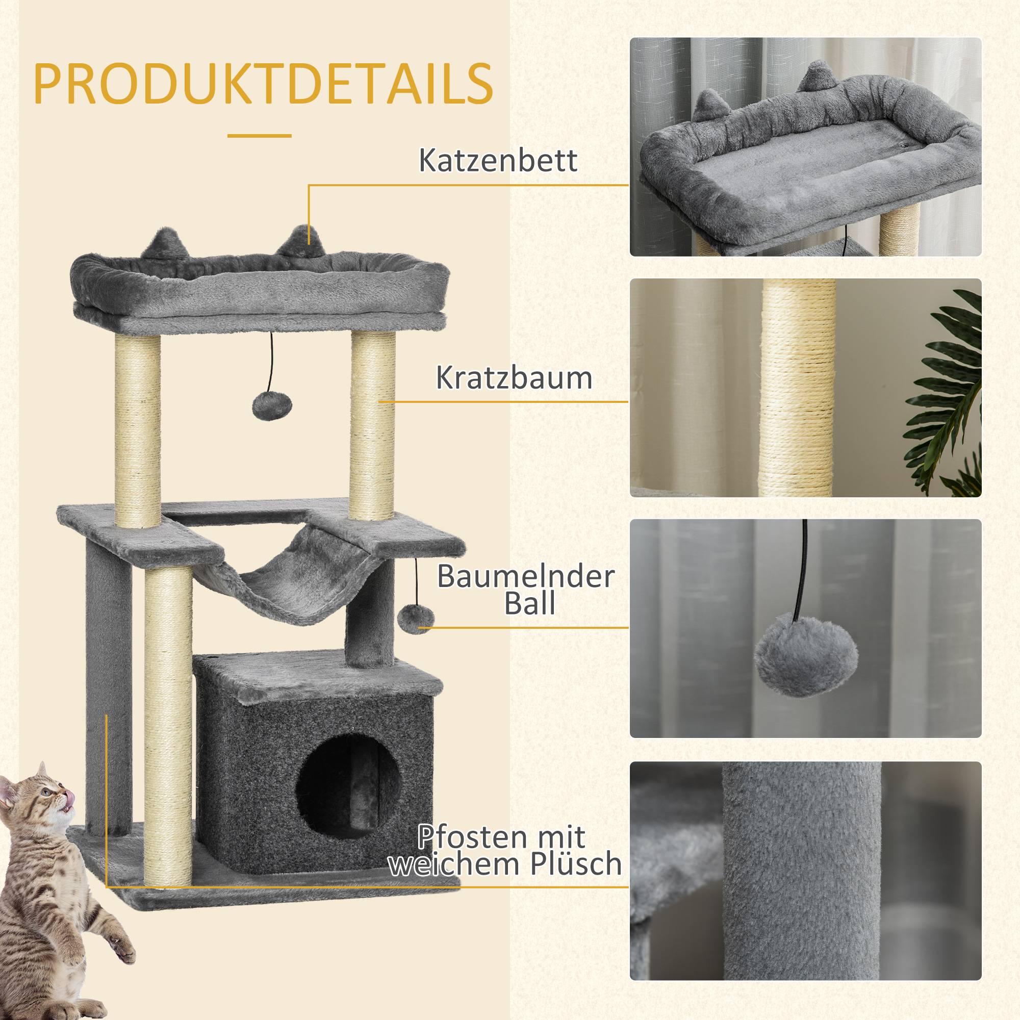 Arbre à chat PawHut 90 cm : hamac, grotte, 2 balles, poteaux sisal, pour chats jusqu'à 4 kg, gris - Image 9