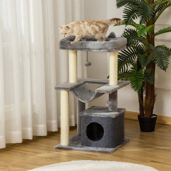 Arbre à chat PawHut 90 cm : hamac, grotte, 2 balles, poteaux sisal, pour chats jusqu'à 4 kg, gris - Image 3