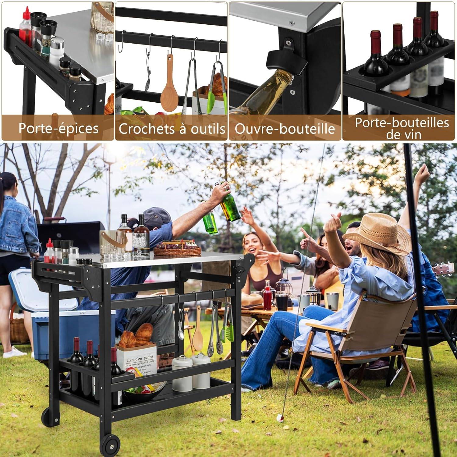 Chariot de Barbecue d'Extérieur à Double Étagères, Desserte de Jardin avec Poignée105 x 54 x 85 cm - Image 5