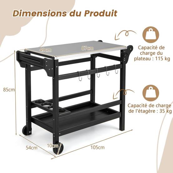 Chariot de Barbecue d'Extérieur à Double Étagères, Desserte de Jardin avec Poignée105 x 54 x 85 cm - Image 4