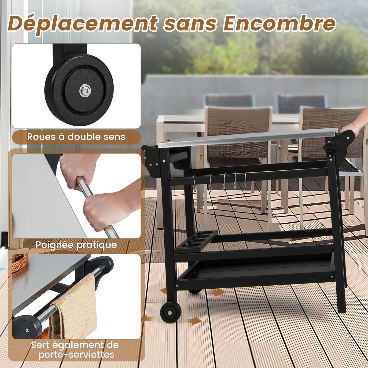 Chariot de Barbecue d'Extérieur à Double Étagères, Desserte de Jardin avec Poignée105 x 54 x 85 cm - Image 3