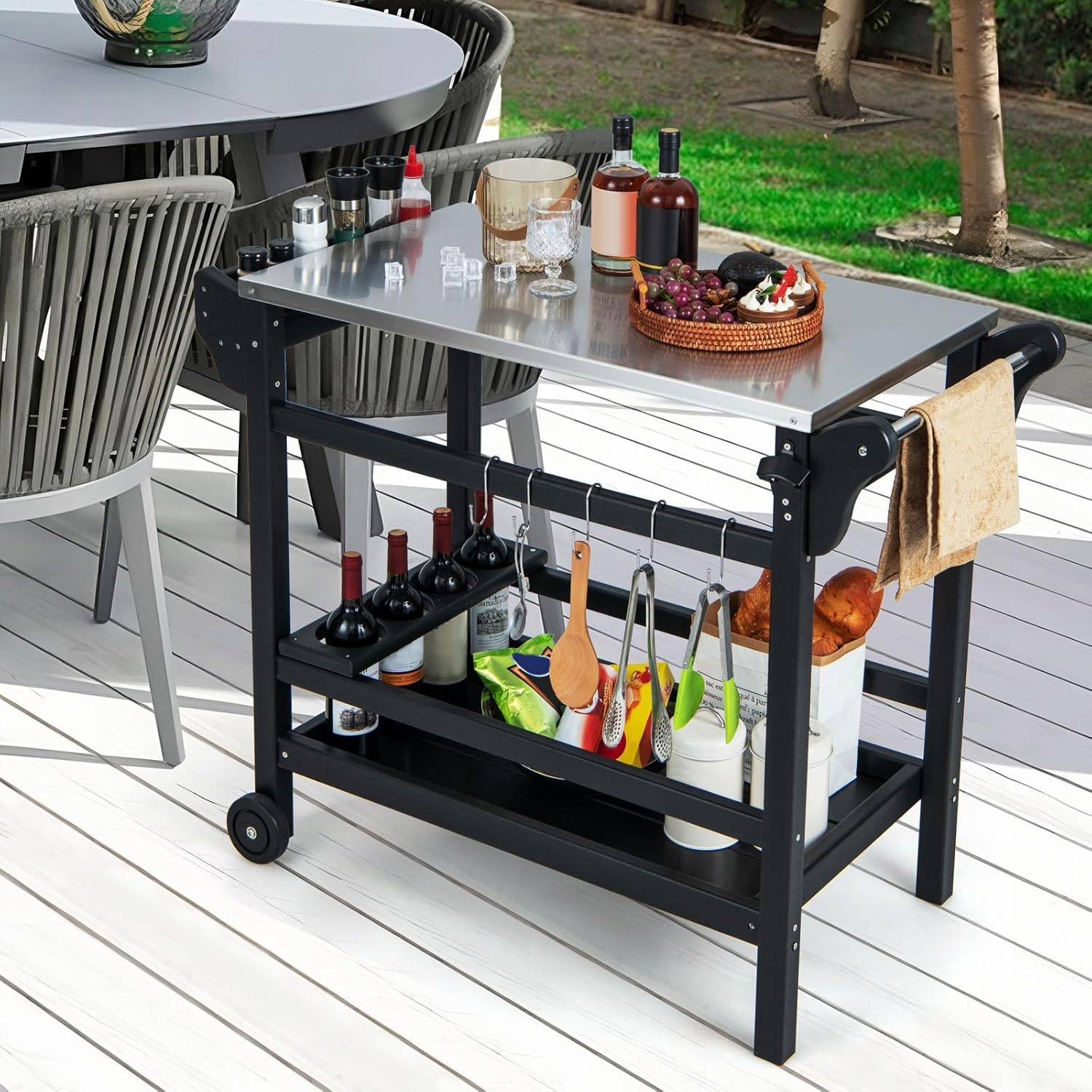 Chariot de Barbecue d'Extérieur à Double Étagères, Desserte de Jardin avec Poignée105 x 54 x 85 cm - Image 2