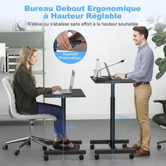 Bureau Assis Debout, Table de Lit à Roulette, Vérin Pneumatique,4 Roulettes,Charge 80kg, Bureau Réglable en Hauteur 74-108 CM, Noir - Imagen 6