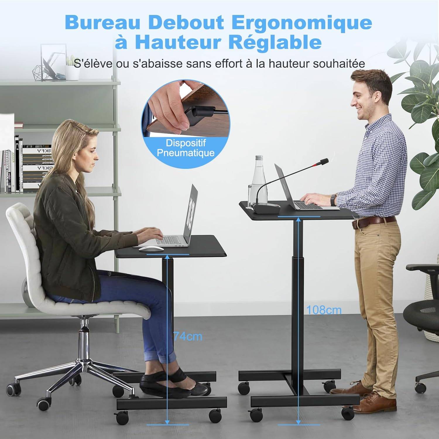 Bureau Assis Debout, Table de Lit à Roulette, Vérin Pneumatique,4 Roulettes,Charge 80kg, Bureau Réglable en Hauteur 74-108 CM, Noir - Imagen 6